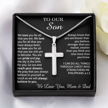 to our son necklace from mom and dad, we love you for all that you are stainless steel cross necklace